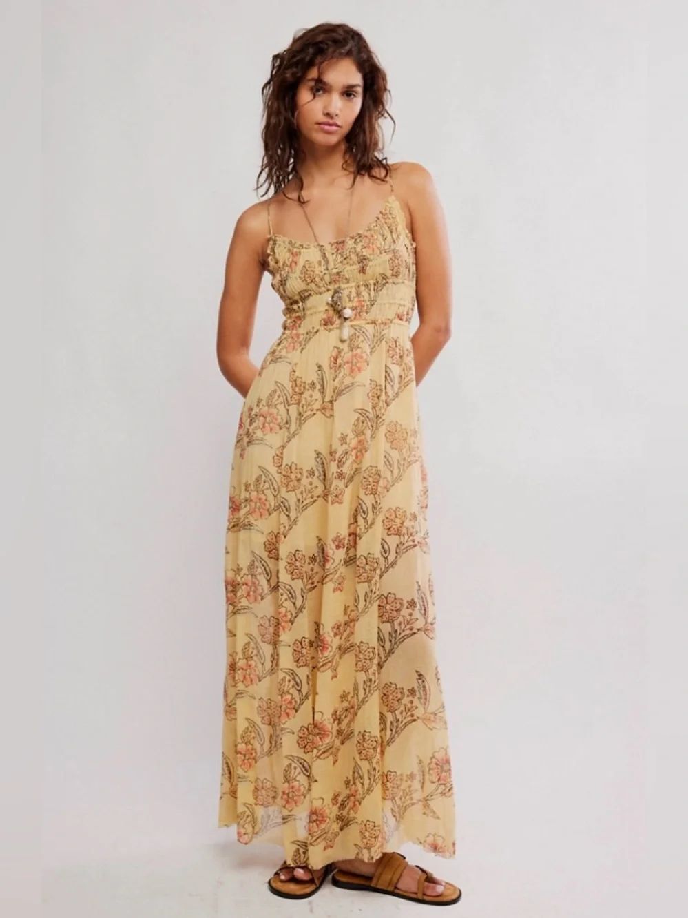 Free People Ciella Floral Cotton Maxi Dress Yellow Floral Size Small DS1